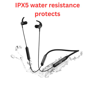 Black wireless earbuds with water splashes and 'IPX5 water resistance protects' text on a white background